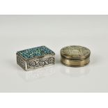 Two silver trinket boxes the first of rectangular form, the hinged cover inset with turquoise