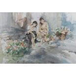 Gordon King (British, b.1939) Flower Girls watercolour, signed lower right 19 x 28in. (48.2 x 71cm.)