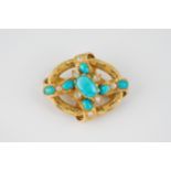 A Victorian 18ct gold, turquoise and diamond brooch the oval, and interlaced ribbon design frame