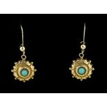 A pair of Victorian 9ct gold and turquoise drop earrings. (2)