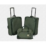 A pair of Ralph Lauren Signature Series suitcases in green and silver RLL monogrammed fabric, with