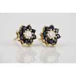 A pair of 9ct gold, sapphire and diamond cluster stud earrings the central brilliant cut diamond