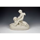 A Victorian parian group of 'The Power of Love' c.1860, depicting a recumbent lion with Cupid's