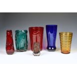 A collection of Whitefriars glass vases to include a cinnamon coffin vase by Geoffrey Baxter, 5¼