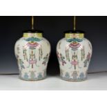 A good pair of Chinese famille rose porcelain 'Boys' vase lamps 19th century, the vases of stout