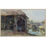 Rose Hake (British, early 20th century) Rustic barn and river watercolour, signed lower left 6 3/8 x