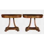 A pair of Regency brass inlaid rosewood card tables the cross banded D shaped tops with brass