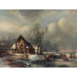 attributed to Eugene Joseph Henri Smits (Belgian, 1826-1912) Winter scene with figures on a frozen