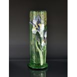 An Art Nouveau period Bohemian green glass Iris vase of slight fluting cylindrical form on waisted