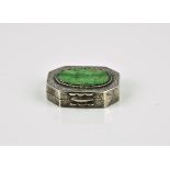 A Chinese silver and jade pill box probably early 20th century, of rectangular form with canted