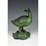 A Chinese patinated bronze duck censer probably 20th century, with verdigris patination, the duck