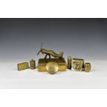 A small collection antique brass boxes comprising of a square snuff box having an embossed bull