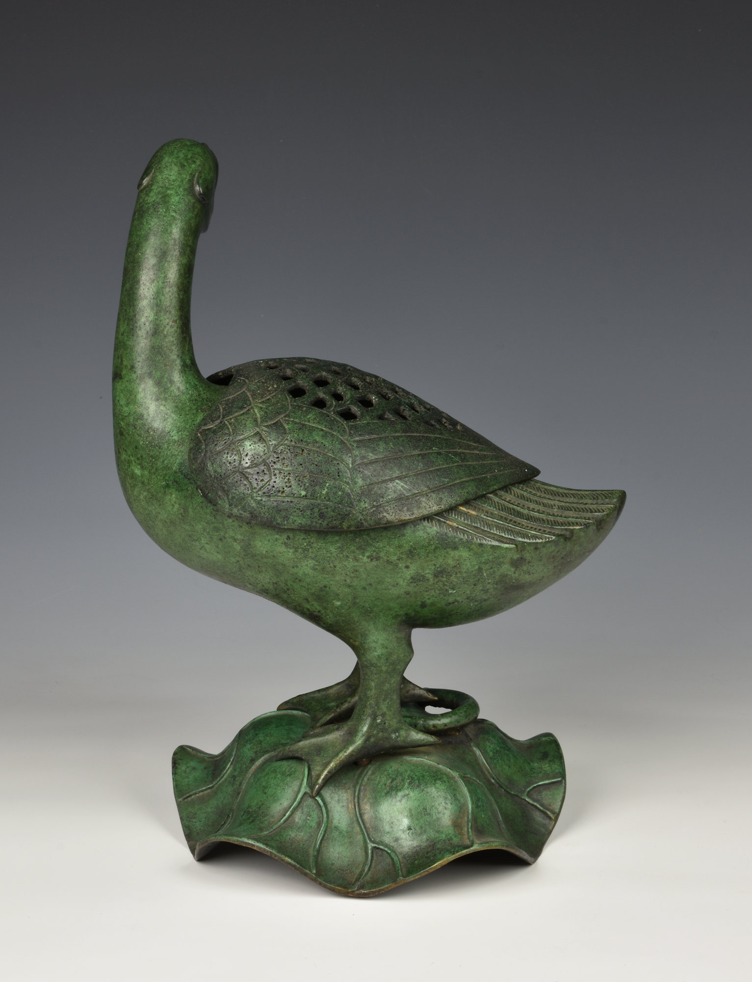 A Chinese patinated bronze duck censer probably 20th century, with verdigris patination, the duck - Image 2 of 7