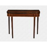 A George III inlaid mahogany D-shaped tea table raised on square tapered legs with boxwood
