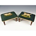 A pair of Victorian embroidered foot stools the rectangular cushions embroidered with a kitten