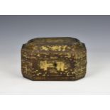 A Chinese export lacquered twin compartment tea caddy 19th century, of octagonal form, decorated