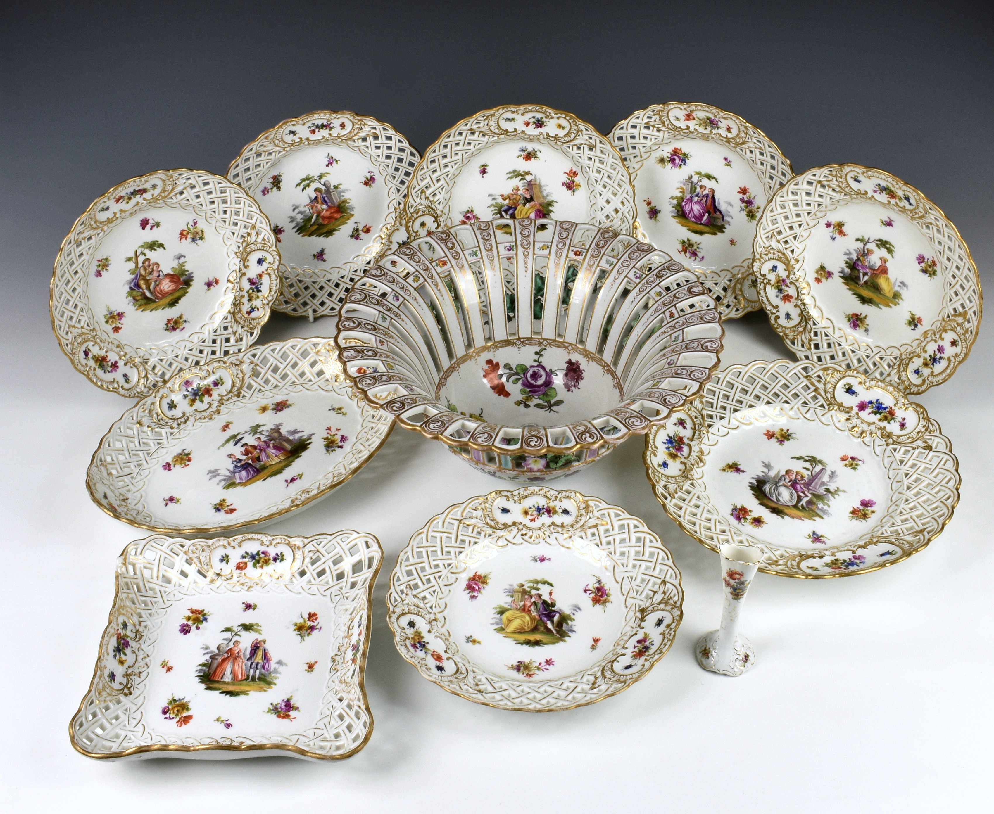 A Meissen porcelain part dessert service late 19th / early 20th century, probably outside decorated,