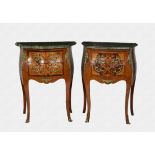 A pair of French mahogany, marquetry, marble and gilt metal bedside tables mid-20th century, of