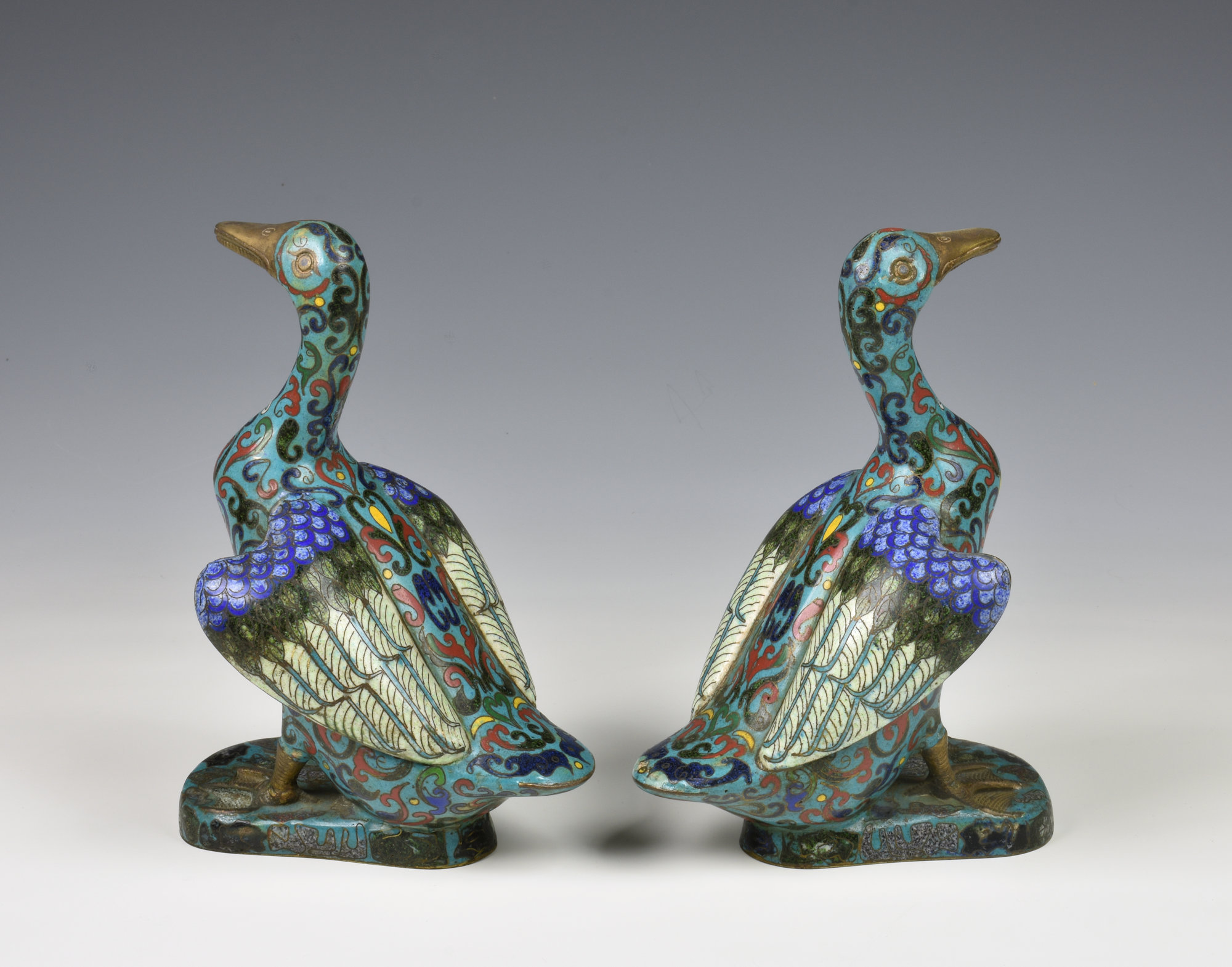 A pair of Chinese cloisonne figures of ducks probably early 20th century, in polychrome enamels on a - Image 2 of 3