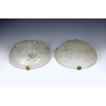 Two Art Deco moulded frosted glass plafonnier ceiling lights probably Jobling, the first relief