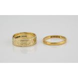 A 22ct gold wedding ring size L; together with a 9ct gold bright cut wedding ring, size O. (2)