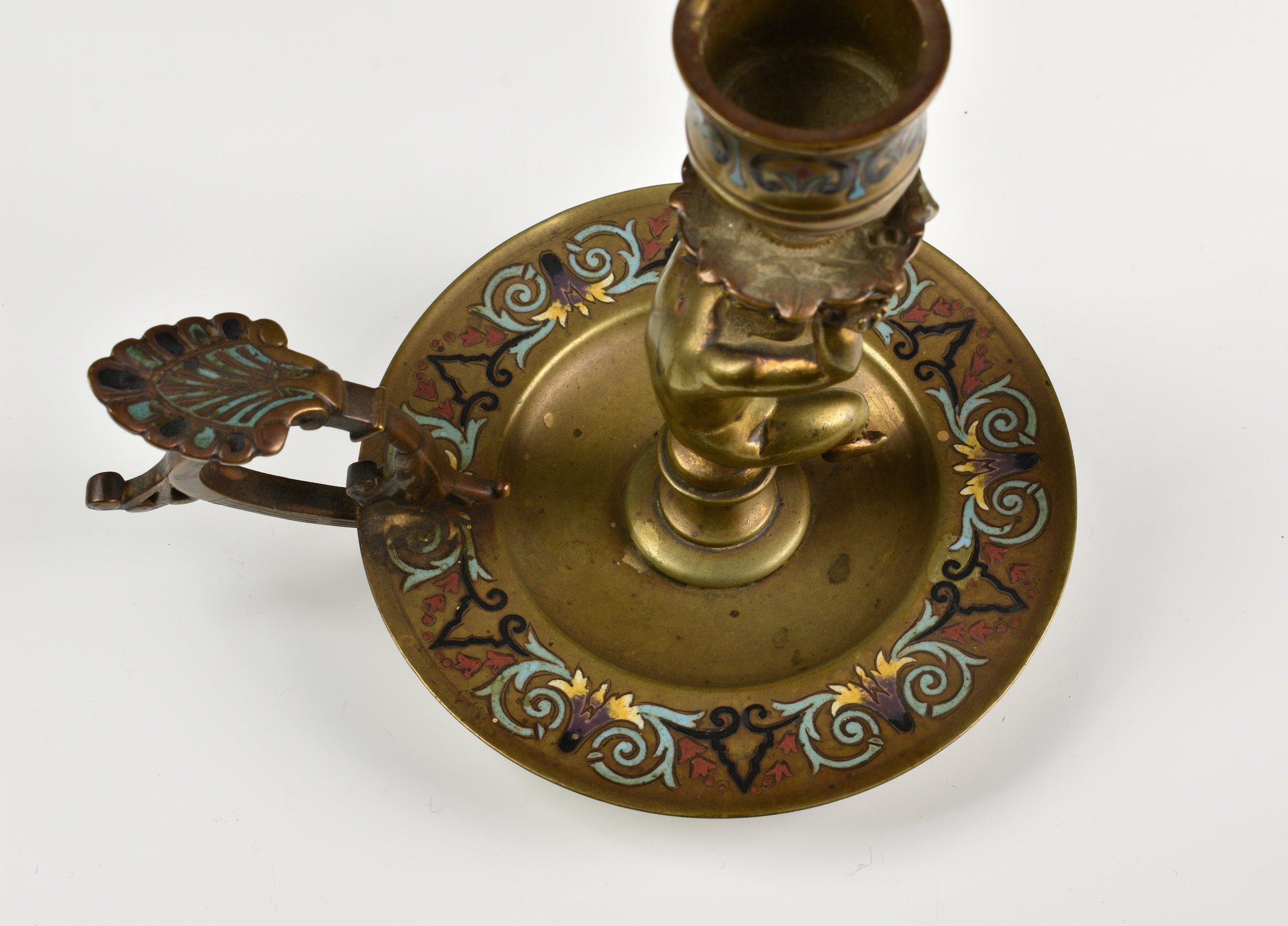 A 19th century French gilt bronze and champleve enamel chamberstick the urn sconce carried by a - Image 4 of 4