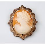 A Victorian 9ct rose and yellow gold cameo brooch Chester 1890, the shell cameo carved with a