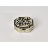 A silver and mother-of-pearl pill box mid-century, octagonal form, hallmarks to interior, 1½in. (3.