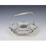 A German Art Nouveau style 800 silver swing handled bon-bon basket hexagonal form with sinuous