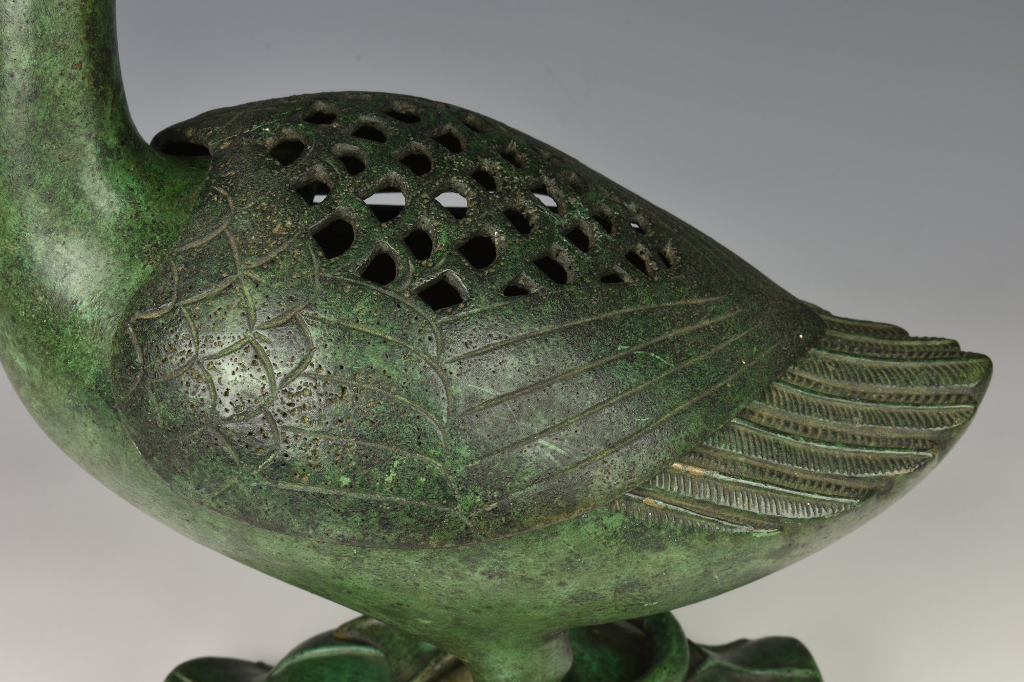 A Chinese patinated bronze duck censer probably 20th century, with verdigris patination, the duck - Image 4 of 7