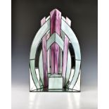 An Art Deco style coloured glass and mirror small corner screen modern, of interlaced shaded blue/