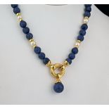 An 18ct yellow gold, Dumortierite and cultured pearl necklace with 7.5mm. Dumortierite beads, 6.5mm.