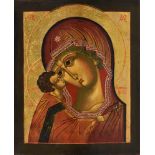 A Russian icon second half 20th century, depicting The Mother of God in a red robe, with the