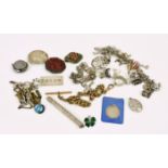 A collection of silver and rolled gold jewellery including silver charms; a Chinese silver