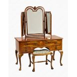 A Queen Anne style burr walnut dressing table 1920s, with triple mirror, by Burge of Kingston-upon-