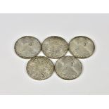 Five silver Austria Maria Theresa Thaler 1780 coins.