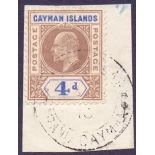 STAMPS : CAYMAN ISLANDS : 1907 4d Brown and Blue, fine used example on small piece,