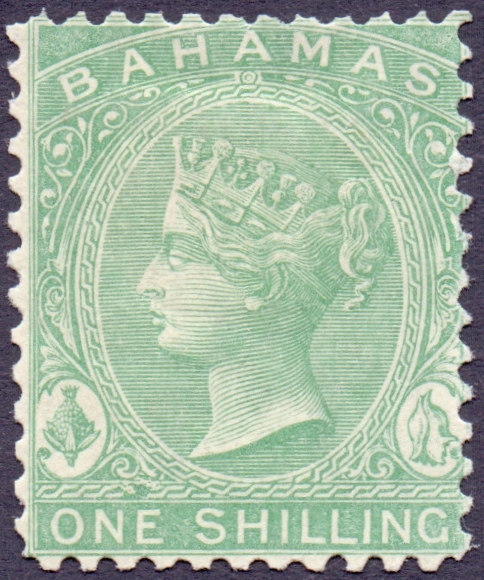 BAHAMAS STAMPS 1865 1/- Green mounted mint blunt corner perf SG 38 (perf 12.