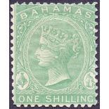 BAHAMAS STAMPS 1865 1/- Green mounted mint blunt corner perf SG 38 (perf 12.