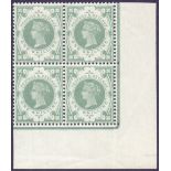 GREAT BRITAIN STAMPS : 1887 1/- Dull Green, Fresh corner marginal mint block of four,