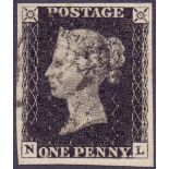 GREAT BRITAIN STAMPS : PENNY BLACK Plate 9 (NL) very fine four margin example cancelled by Black MX,