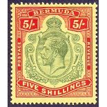 STAMPS : BERMUDA : 1920 5/- Green and Carmine, Red/Pale Yellow,