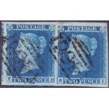 GREAT BRITAIN STAMPS : 1841 2d Deep Full Blue plate 4 (EH-EI), superb four margin used pair.