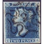 GREAT BRITAIN STAMPS : 1841 2d Blue, four massive margins, cancelled by No 2 in MX.