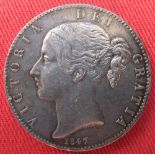 COINS: 1847 Great Britain Crown young head, (ex mount) edge XI.