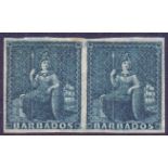 STAMPS : BARBADOS : 1855 1d Deep Blue, lightly mounted mint pair, full margins,