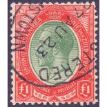 STAMPS : SOUTH AFRICA : 1916 £1 Green ad Red,