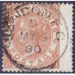 GREAT BRITAIN STAMPS : 1880 2/- Brown, very fine fine example lettered (BH) , wing margin intact,