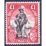 STAMPS : MALTA : 1922 £1 Black and Carmine Red,