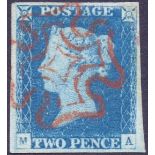 GREAT BRITAIN STAMPS : 1840 TWO PENNY BLUE Plate 1 (MA), superb used example cancelled by Red MX.